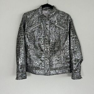 Chico's Woman's Silver Metallic Stone Print Zip Up Motorcycle Jacket Size 1 NWOT
